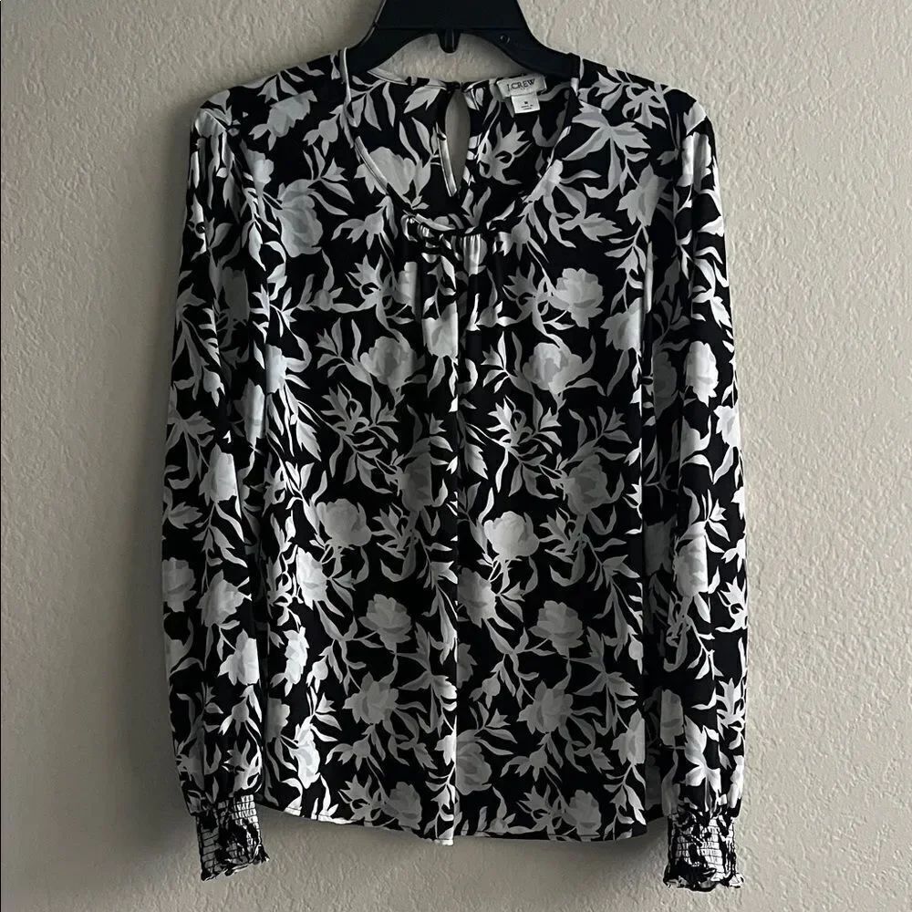 J. Crew Floral Black and White Women's Top with Smocked Cuffs in Size M